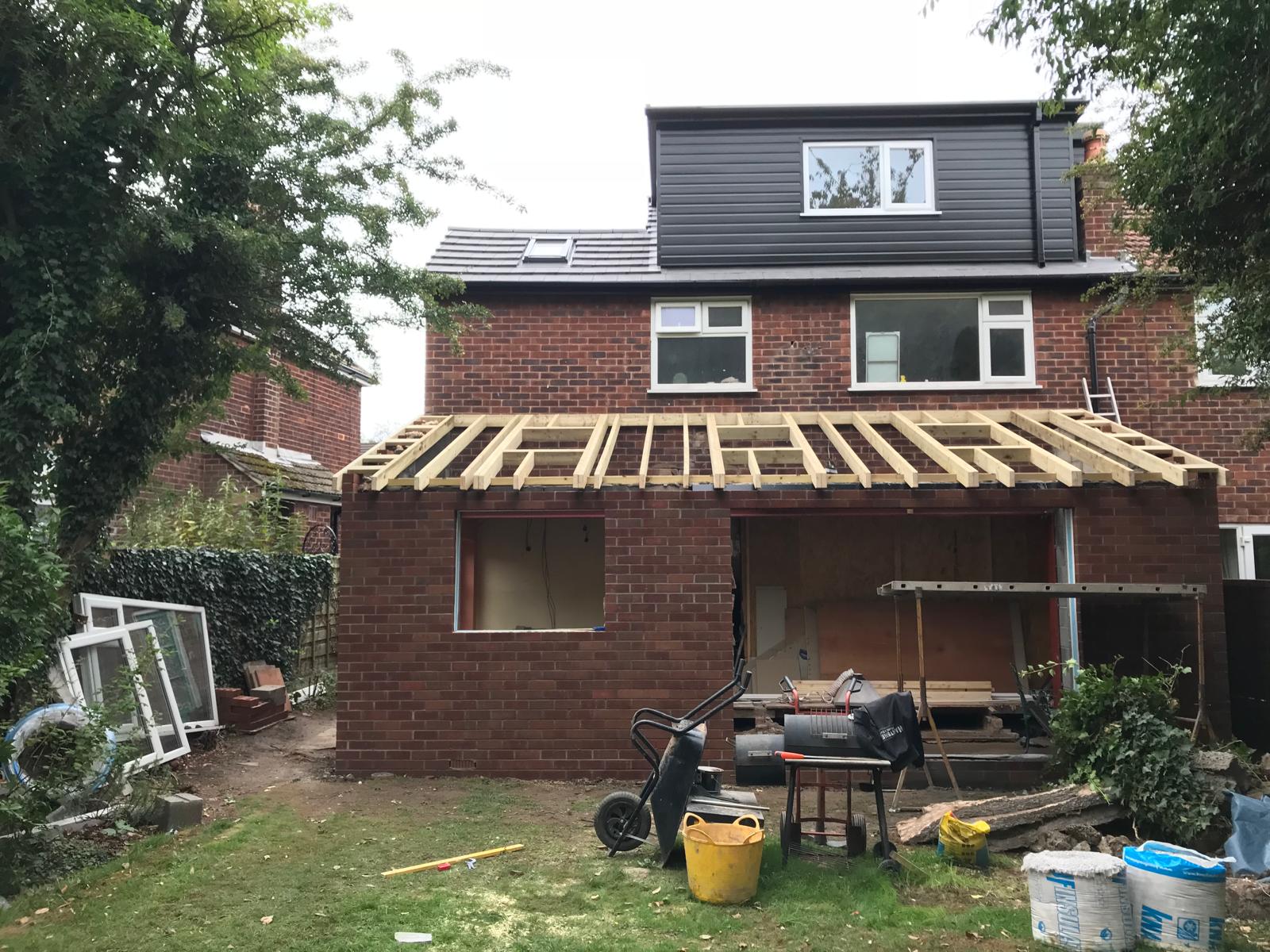 Romiley rear extension during timber roof framing