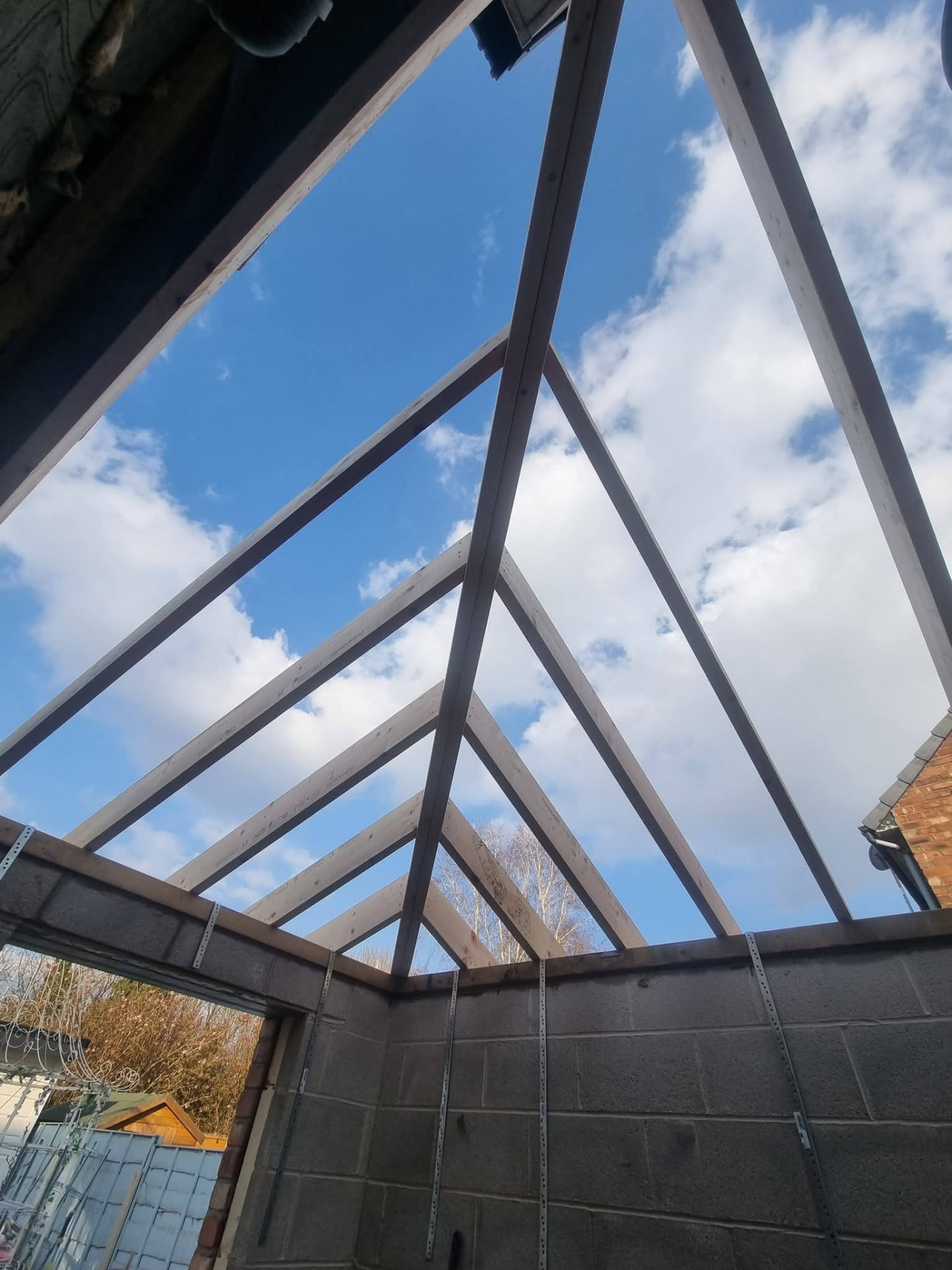 Timber roof framing viewed from below